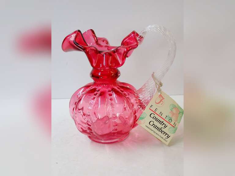 Fenton Country Cranberry Glass Vase with Handle image