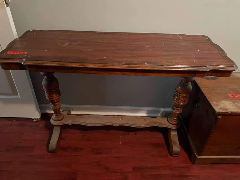 BR3… Vintage wooden console table with turned legs, table surface is worn, see pictures for details. image