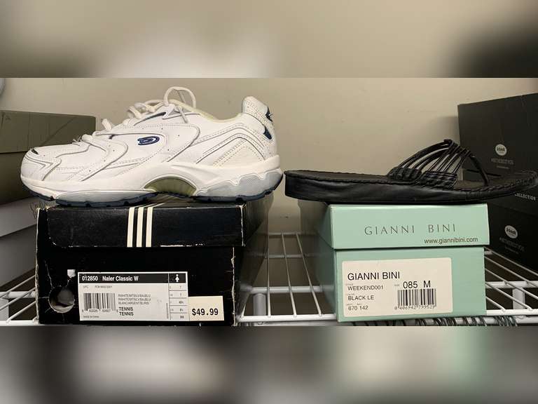 ADIDAS WHITE LEATHER TENNIS SHOES SIZE 8 1/2M (GENTLY WORN) & NEW GIANNI BINI BLACK SANDALS SIZE 8 1/2M - UP MASTER CLOSET 2 image