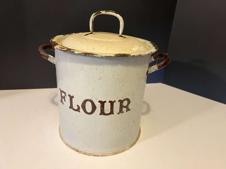 KIT…Vintage enamel flour bin with lid and handles, see pictures for details. image