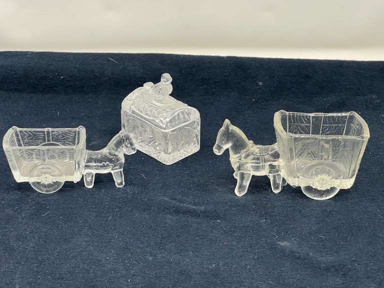 DEN… Clear glass donkey and cart toothpick holders, also includes a bird themed clear glass trinket box, see pictures for details. image