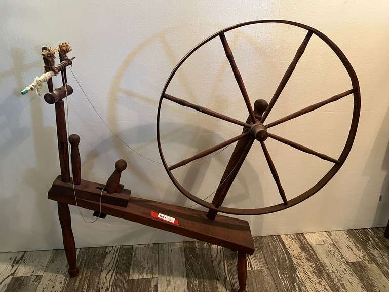 DEN… Vintage/antique wooden spinning wheel, see pictures for details. image