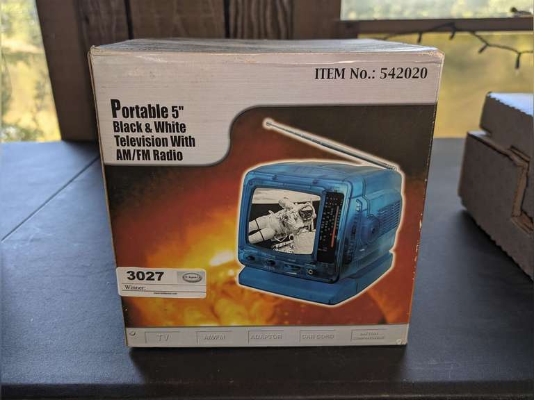 VINTAGE PORTABLE 5-IN BLACK AND WHITE TELEVISION WITH AM/FM RADIO IN ORIGINAL BOX image
