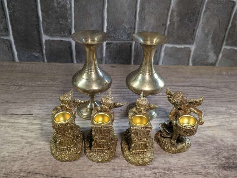 CHERUB CANDLESTICKS AND BRASS VASES MADE IN INDIA image