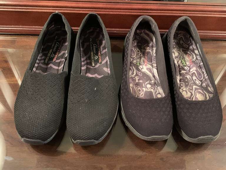 2 PAIR NEW SKETCHERS BLACK SLIP ONS (SIZE 9 & SIZE 8) - UP MASTER BED image