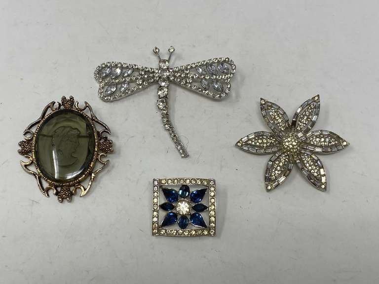 Beautiful border brooch with lovely blue stones, dragonfly brooch, flower cluster brooch, and a vintage glass cameo brooch, see pictures for details. image