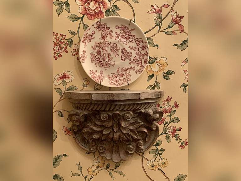WALL SHELF 9 1/2" WIDE X 7" TALL (SYROCO) & VINTAGE SAUCER BY TAYLOR SMITH - UP HALL BATH image