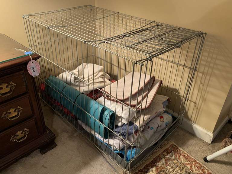 LARGE METAL PET CRATE FULL OF DOG BLANKETS, DOG QUILT, WATERPROOF PADS & MORE 36" DEEP X 27" TALL X 20" WIDE - UP MASTER BED image