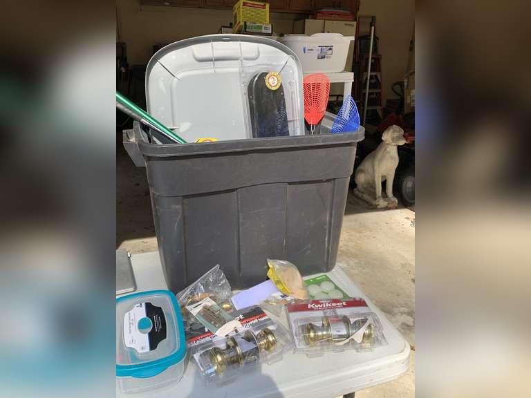 CRATE OF MISC HOUSEHOLD REPAIR/REPLACE ITEMS (INCLUDES CRATE W/ LID) - GARAGE image