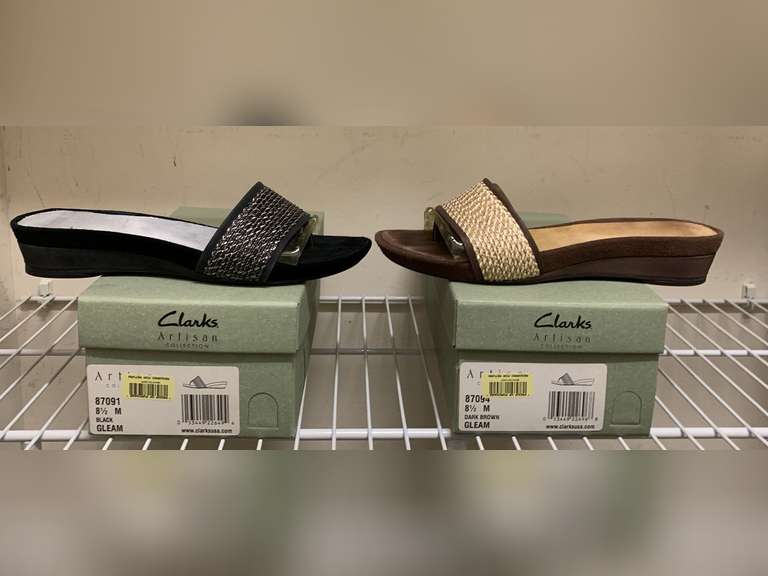 2 CLARKS ARTISAN SANDALS (1 BLACK/SILVER NEW SIZE 8 1/2M & 1 BROWN/GOLD SIZE 8 1/2 M GENTLY WORN) - UP MASTER CLOSET 1 image