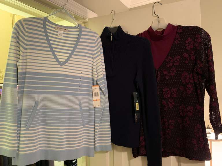 5 LADIES SIZE SMALL/EXTRA SMALL TOPS & MEDIUM LADIES DRESS (MANY NEW W/ TAGS) - UP BED 2 CLOSET image