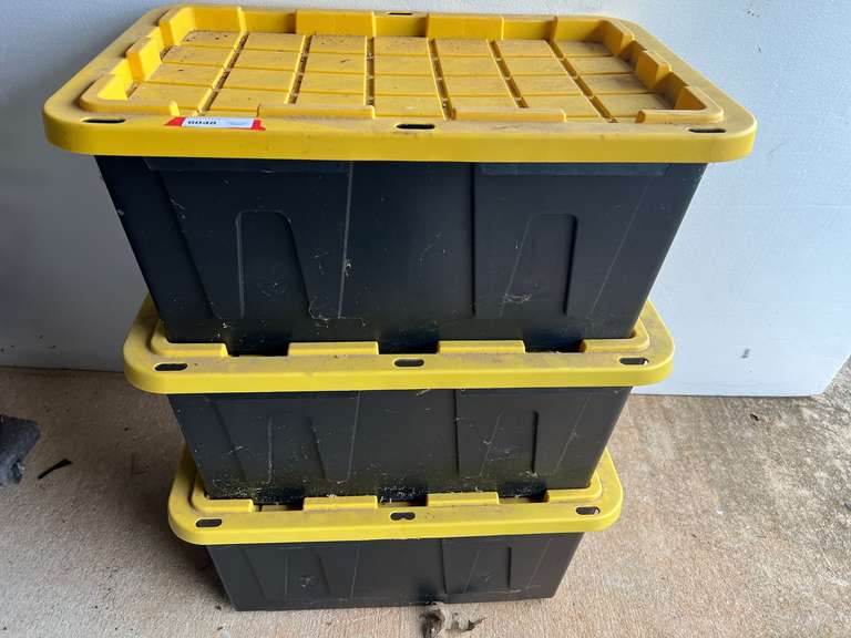 Storage totes, with content, set of three, see pictures for details. image