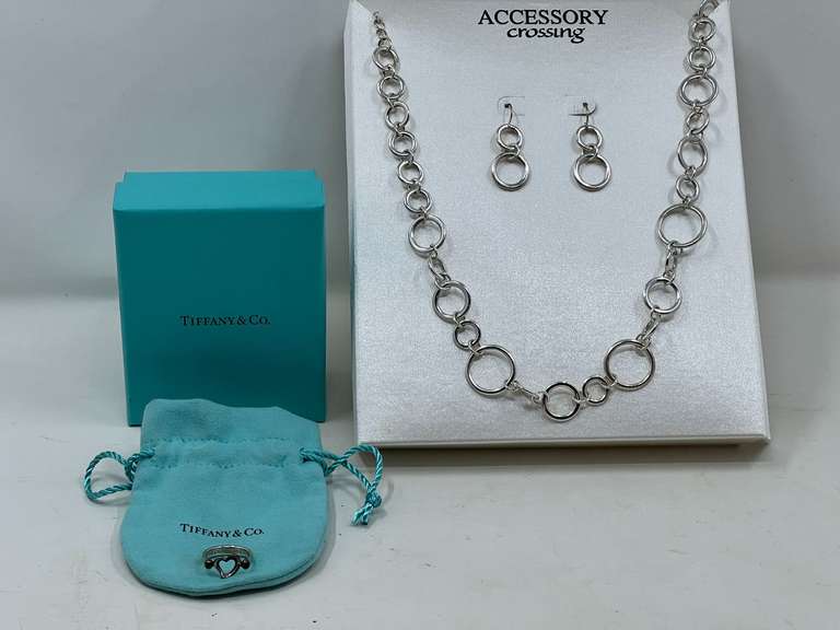 KIT… Ladies fashion jewelry to include a necklace and earring set, also includes a Tiffany & Co. sterling silver pinky ring, stamped 925, see pictures for details. image
