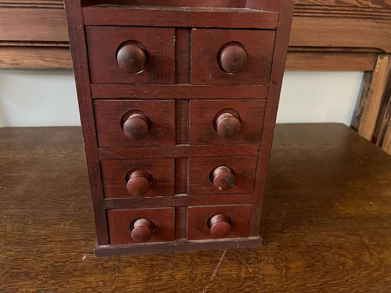 DEN… Vintage small wooden spice/apothecary wall mount chest. Has six drawers, see pictures for details. image