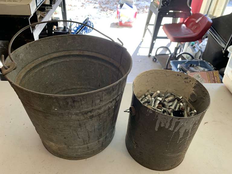 METAL BUCKET FULL OF ASSORTED NUTS/BOLTS - GARAGE image