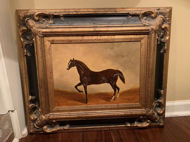 VINTAGE BLACK HORSE OIL/ACRYLIC ON CANVAS SIGNED BY ARTIST IN VERY ORNATE BLACK/GOLD FRAME 27" X 24" - DEN image