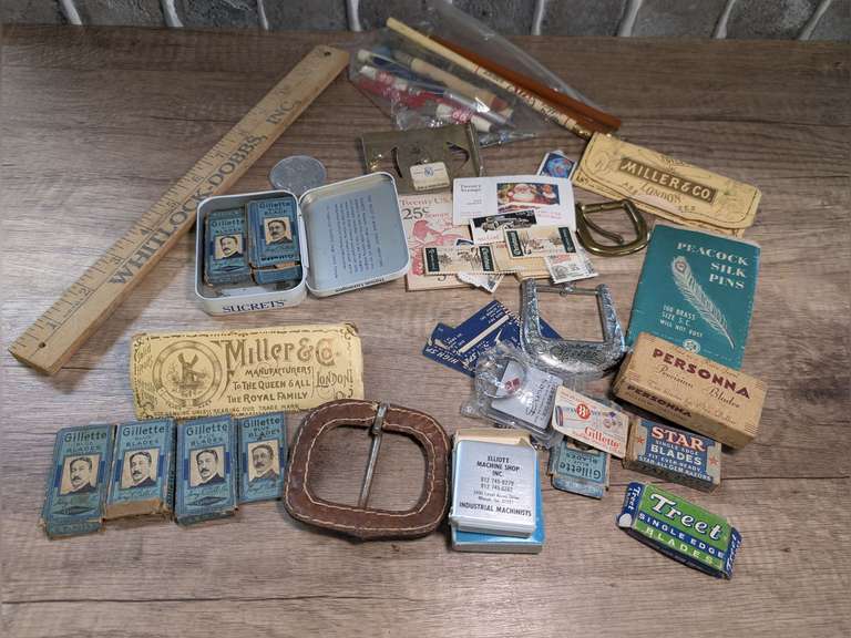 OLD RAZOR BLADES PLUS VINTAGE PENCILS, PENS, FOLDING YARDSTICK, BELT BUCKLES, VINTAGE POSTAL STAMPS, AND MORE, MOST ITEMS WITH ADVERTISING image