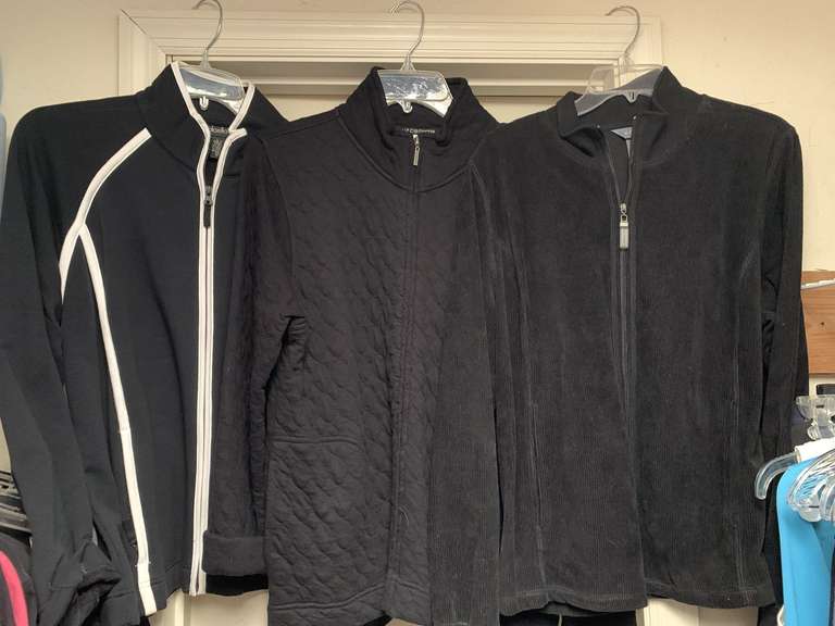 3 LADIES JACKETS - SIZE LARGE (KORET ZIP ZIP UP VELOUR JACKET NEW W/ TAG, RAFAELLA ZIP UP JACKET, LIZ CLAIBORNE QUILTED ZIP UP JACKET) - UP MASTER BED image