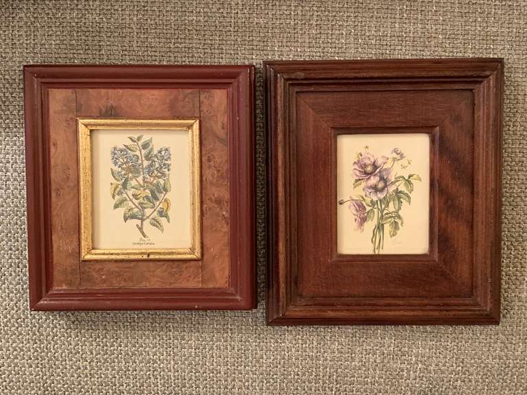 PAIR VINTAGE HAND COLORED BOTANICAL PRINTS IN HANDMADE WOOD FRAME FROM ITALY 6 3/4" X 7 3/4", 6 1/4" X 7" - LIVING ROOM image