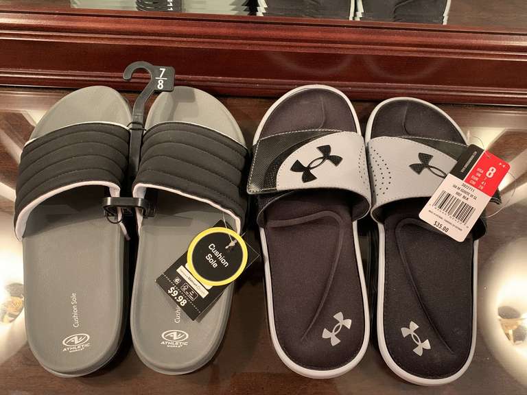 NEW ATHLETIC WORKS SLIDE ONS SIZE 7/8 & NEW UNDER ARMOUR SLIDE ONS SIZE 8 - UP MASTER BED image