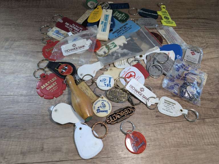 LARGE GROUP OF VINTAGE KEYCHAINS WITH ADVERTISING image