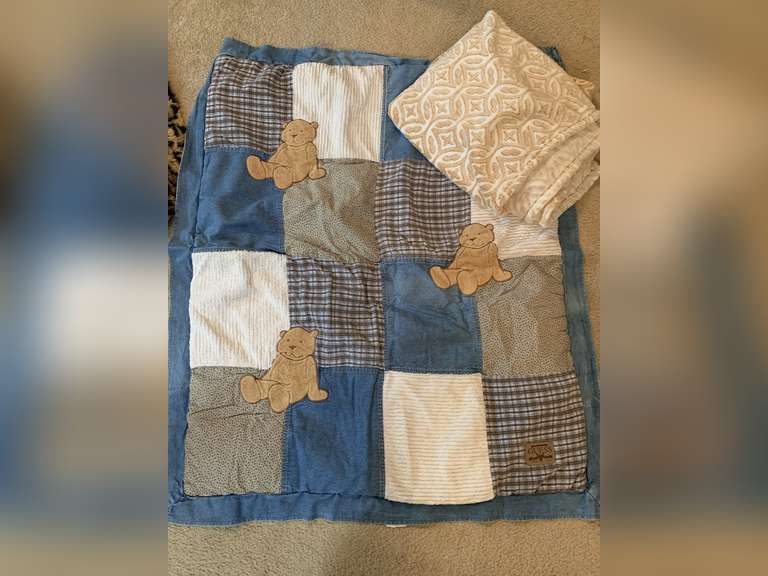 VINTAGE HANDMADE CHILD'S BEDSPREAD/THROW & TAN/WHITE VELOUR THROW - UP MASTER BED image