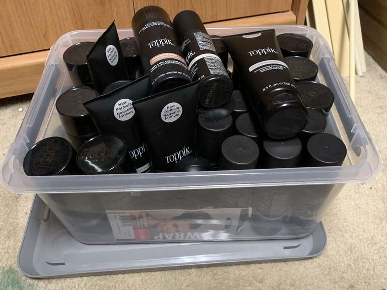 CRATE FULL OF NEW TOPPIK FIBER HOLD HAIR SPRAY, HAIR FATTENER, SHAMPOO & MORE (CRATE W/ LID INCLUDED) - UP MASTER CLOSET 2 image
