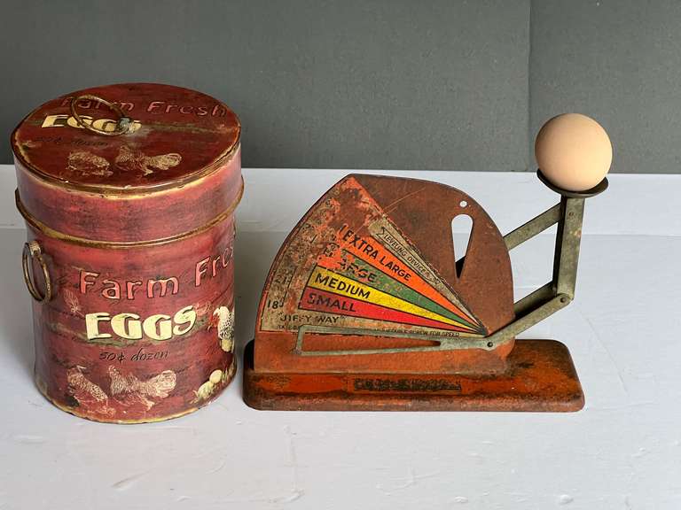 Vintage egg scale with faux egg, also includes a collectible egg tin, see pictures for details. ￼ image