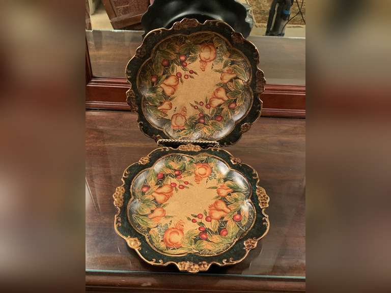 PAIR RAYMOND WAITES HEAVY CERAMIC DECORATIVE PLATES 12" ROUND & 1 STAND - UP MASTER BED image