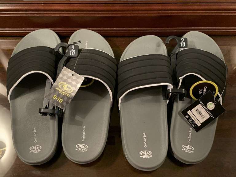 2 PAIR NEW ATHLETIC WORKS BLACK SLIDE ONS SIZE 9/10 - UP MASTER BED image