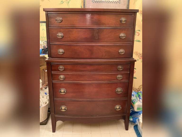 VINTAGE SOLID WOOD MAHOGANY CHEST ON CHEST 53" TALL X 18 1/4" DEEP X 37" WIDE ***DOES NOT INCLUDE CONTENTS INSIDE/TOP ***SPECIAL PICKUP INSTRUCTIONS - UP MASTER BATH image