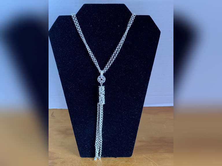 VINTAGE ETIENNE AIGNER SILVER TONE TRIPLE STRAND CHAIN NECKLACE WITH TASSEL 26" LONG - CHECKOUT image
