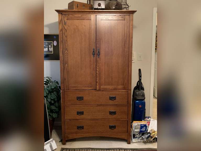 VINTAGE TALL SOLID OAK WARDROBE/MEDIA CABINET/LINEN CLOSET WITH 3 DEEP DRAWERS 42 1/2" WIDE X 22 1/4" DEEPX 76" TALL ***DOES NOT INCLUDE CONTENTS IN/ON ***SPECIAL PICKUP INSTRUCTIONS - UP BED 1 image