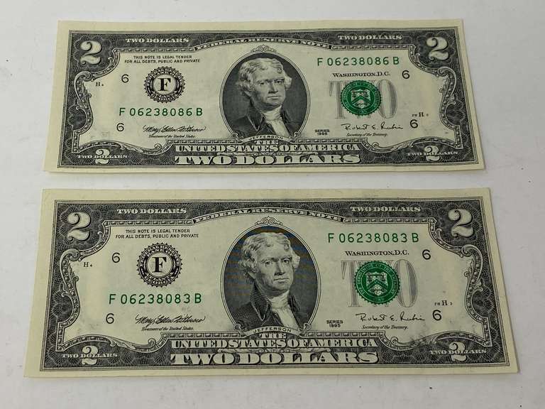 Two dollar bills, set of two, 1995 series, see pictures for details. image