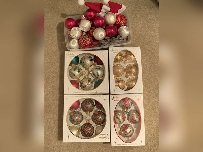 4 BOXES OF BEAUTIFUL GLASS TREE ORNAMENTS & CRATE FULL OF ASSORTED CHRISTMAS ITEMS - UP HALL CLOSET image