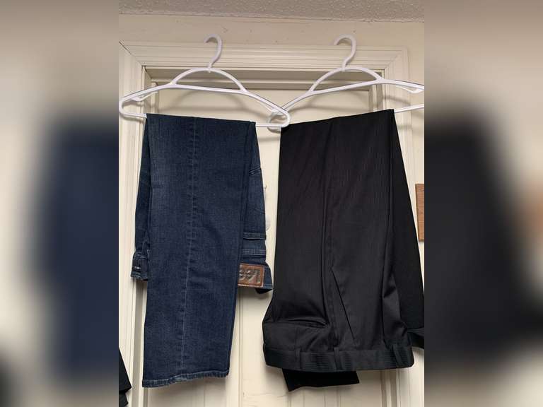 2 MEN'S WHITE DRESS SHIRTS (SIZE LARGE - BOTH NEW W/ TAG), 2 MEN'S WHITE T-SHIRTS (SIZE LARGE - 1 NEW W/ TAG), 2 MEN'S LONG SLEEVE BUTTON UP SHIRTS (SIZE XL), MEN'S DRESS PANTS SIZE 34/30 & MEN'S JEANS 33/32 - UP MASTER CLOSET 2 image