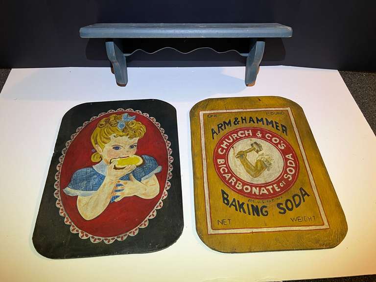 BR3… Painted Sunbeam bread logo and Arm & Hammer baking soda logo on wood, also includes a small curio shelf, see pictures for details. image