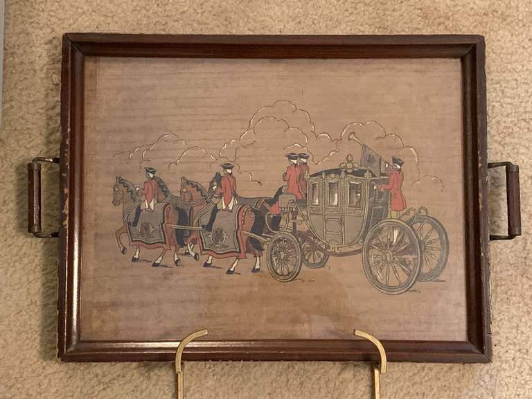 VINTAGE WOODEN HAND PAINTED SERVING TRAY OF FRENCH SOLDIERS ESCORTING COACH SIGNED 20" LONG X 13 1/2" WIDE & GOLD METAL WALL DECOR - UP BED 1 image
