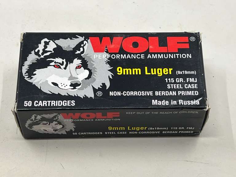 DEN… Wolf 9 mm Luger, 115 grain ammunition. One boxe, tub is not included, see pictures for details. image