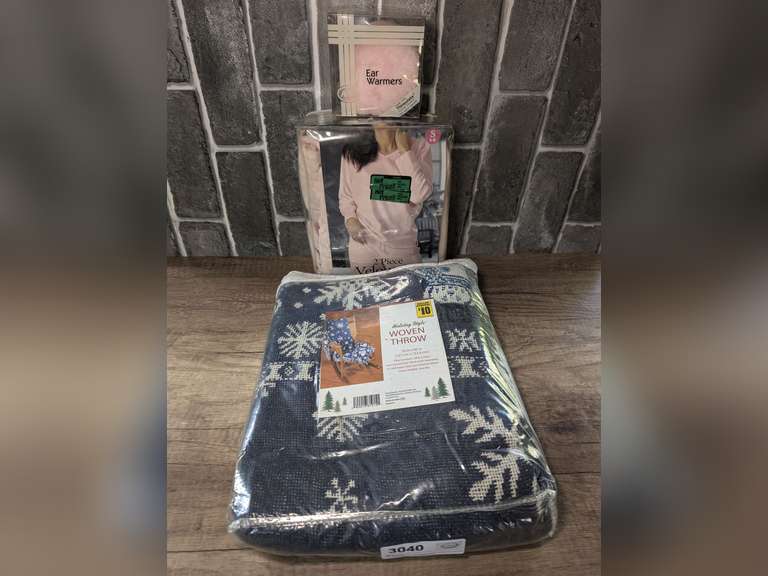 TWO-PIECE VELOUR PAJAMA SET, ARLIN EAR WARMERS, AND HOLIDAY STYLE WOVEN THROW IN ORIGINAL PACKAGES image