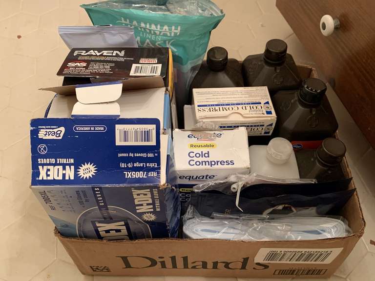 BOX FULL OF HYDROGEN PEROXIDE, COLD COMPRESS, GLOVES & MORE - UP HALL BATH CLOSET image