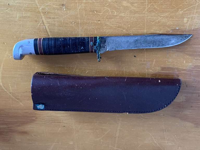 VINTAGE WESTERN FIXED BLADE HUNTING/FISHING KNIFE 4 BLADE W/ LEATHER SHEATH - CHECKOUT image