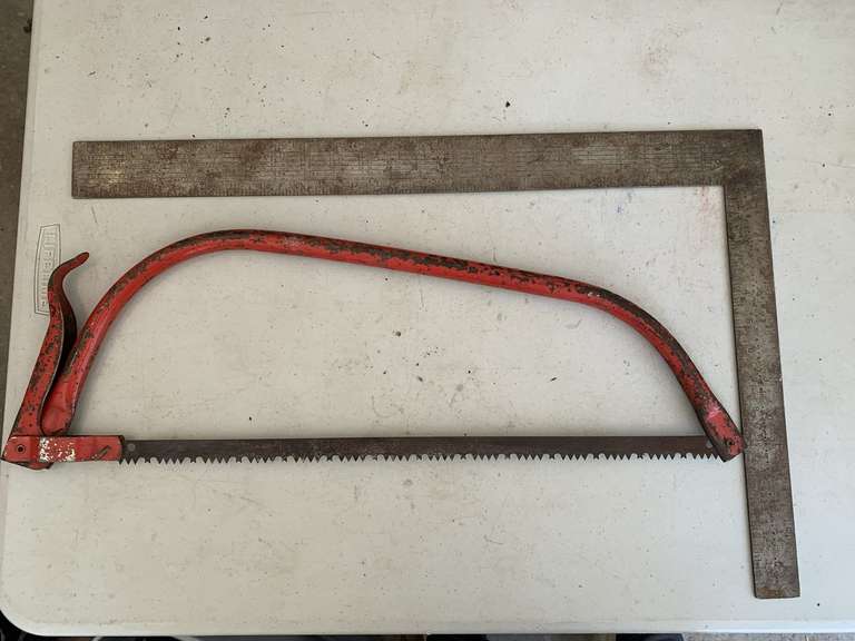 HACK SAW & VINTAGE LARGE METAL T SQUARE - GARAGE CLOSET image