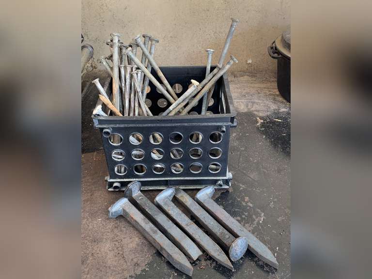 CONTAINER FULL OF VINTAGE RAILROAD SPIKES, LONG VINTAGE RAILROAD NAILS & MORE (CONTAINER INCLUDED) - GARAGE image