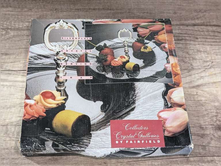 VINTAGE COLLECTORS CRYSTAL GALLERIES BY FAIRFIELD SILVER PLATE CRYSTAL SERVING TRAY IN ORIGINAL BOX image