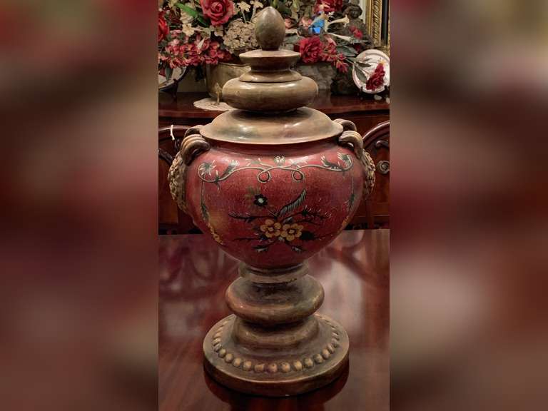 TALL ORIENTAL STYLE PAINTED POTTERY URN WITH LID 20" TALL X 11" WIDE - DINING ROOM image