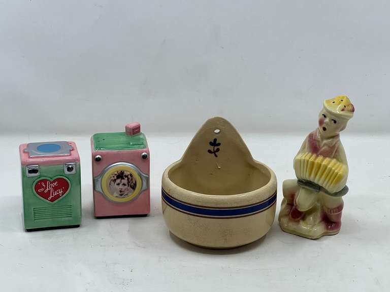 KIT… Vintage ceramic wall pocket, I love Lucy salt and pepper shakers, also includes a vintage salt shaker, believed to be vintage Shawnee pottery, see pictures for details. ￼ image