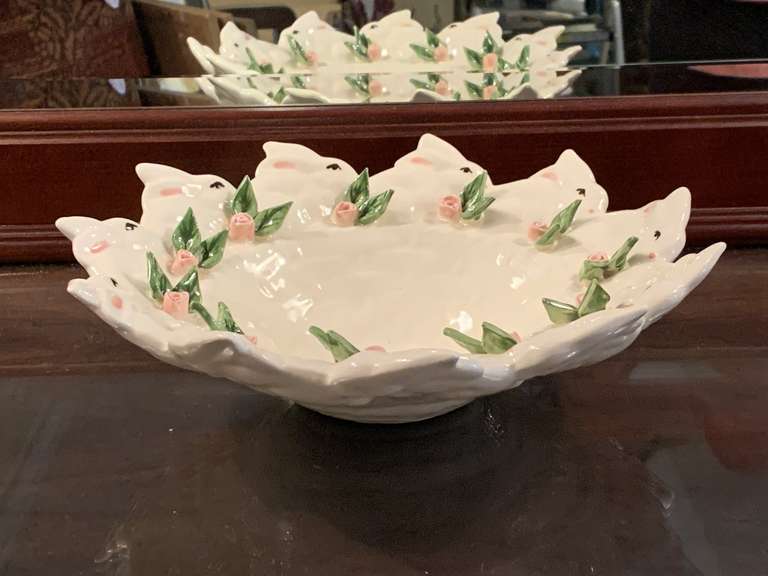 MUD PIE WHITE CERAMIC BUNNY BOWL 10" ROUND - UP MASTER BED image