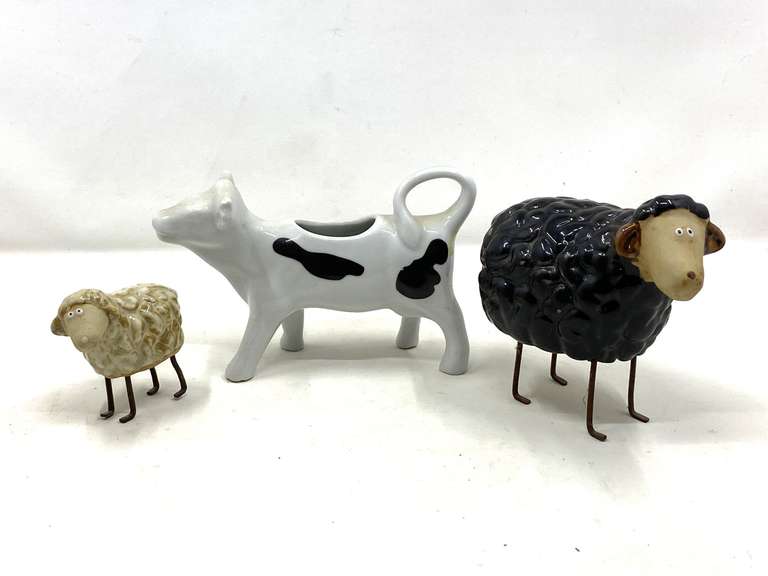 KIT…Whimsical sheep figurines, both pieces have metal legs, also includes a cow creamer, see pictures for details. image