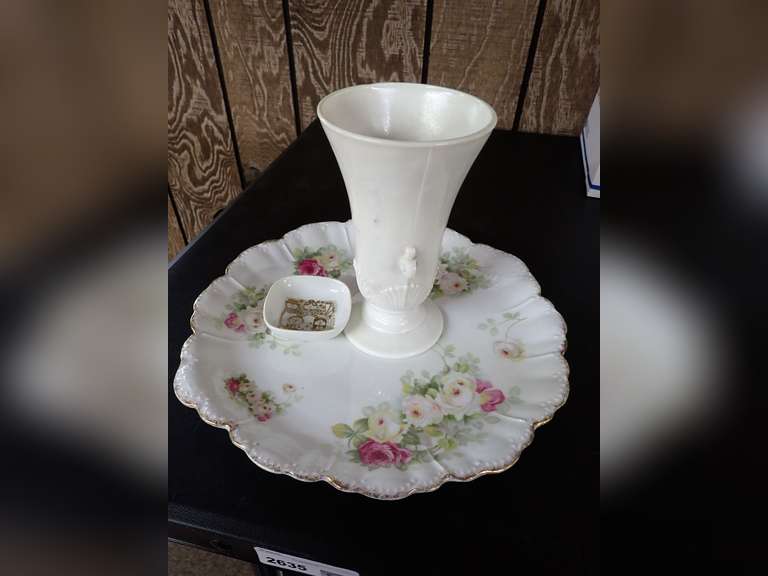 Vintage Anchor Hocking Uranium Milkglass Vase, Malmaison Bavaria Plate and Norwegian Dish-See all photos image